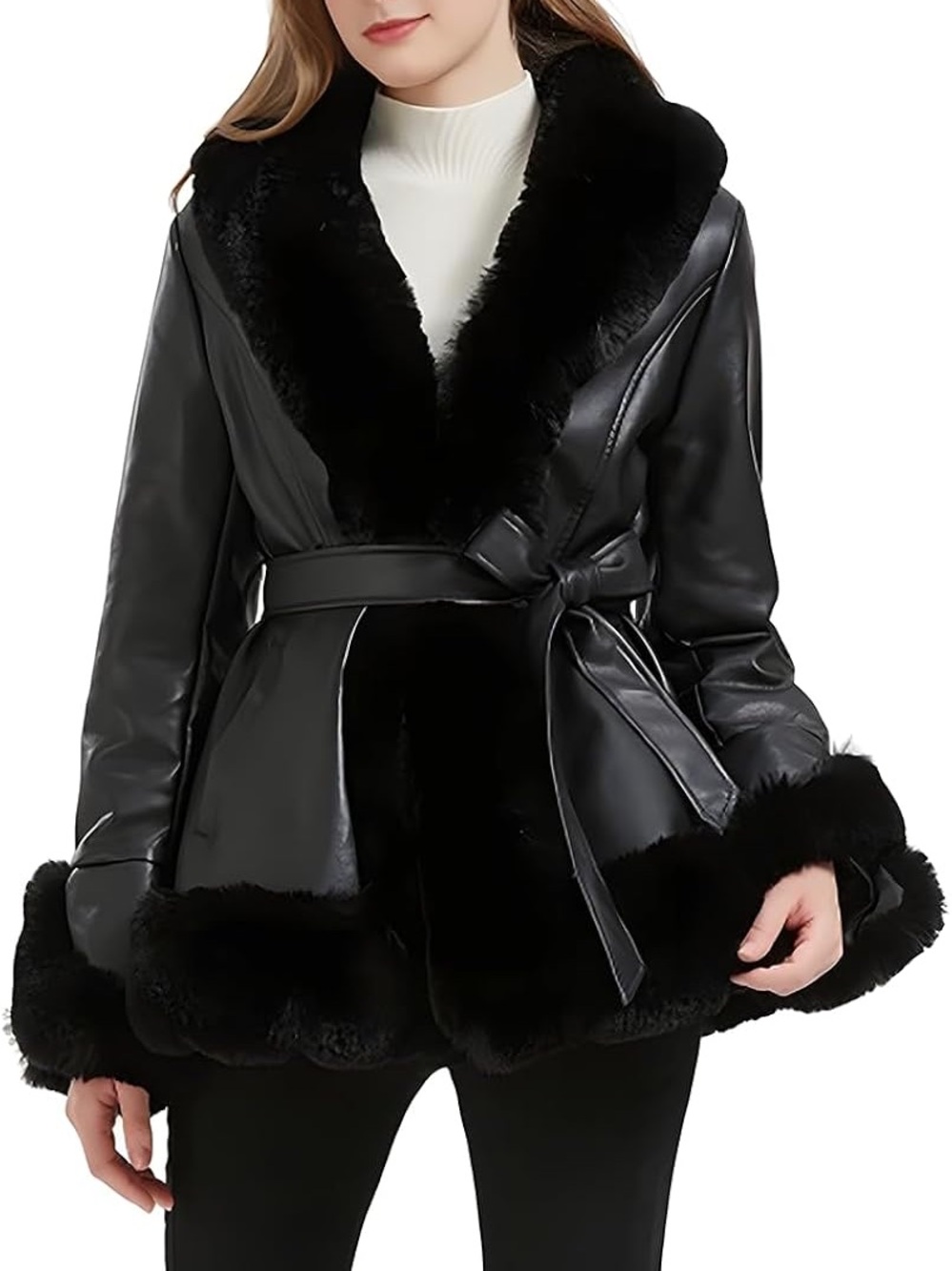 GRAN ORIENTE Faux Leather Peplum Jacket with Faux Fur Trim - M - Picture 2 of 12